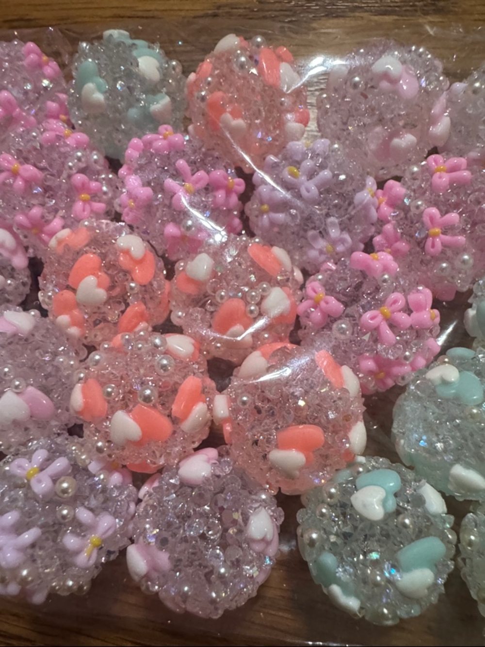 Lot of 5 Glitter Heart & Flower Resin Beads - Pastel Mix